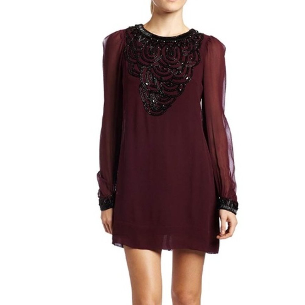 French Connection Rebecca Dress Size 6- maroon with black bead detail